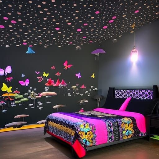 Psychedelic Dream Bedroom with Mushrooms and Butterflies