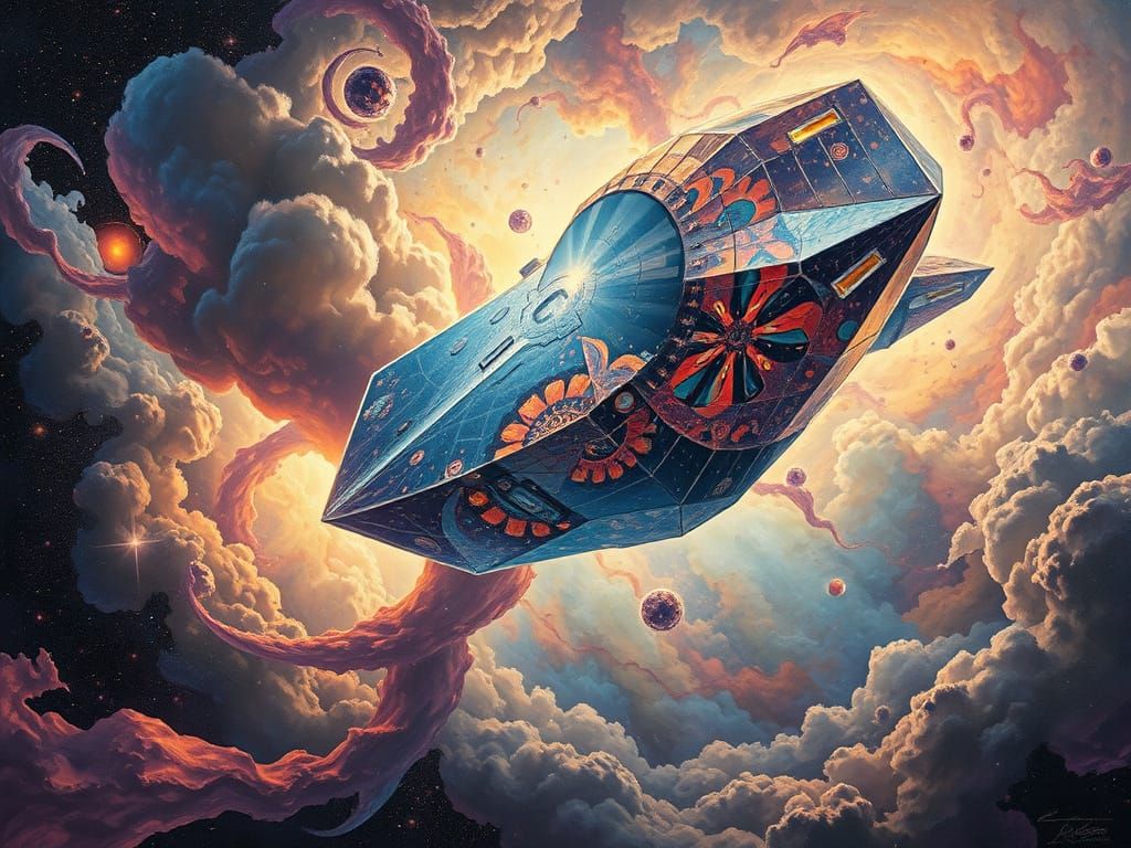 Cosmic Crystal Spaceship in Swirling Nebulae, Oil Painting S...