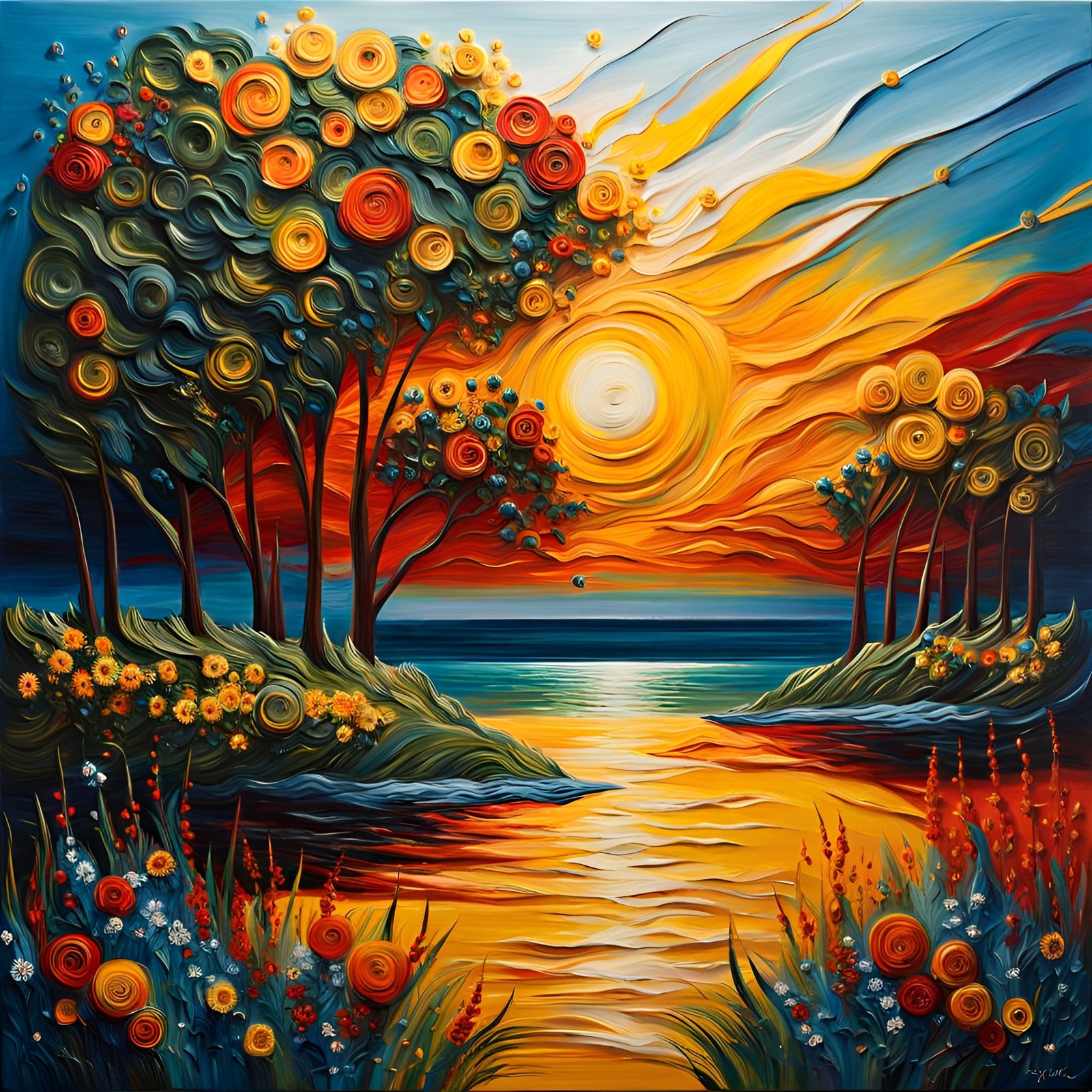 Textured Abstract Seascape with Flowers in Expressionist Sty...