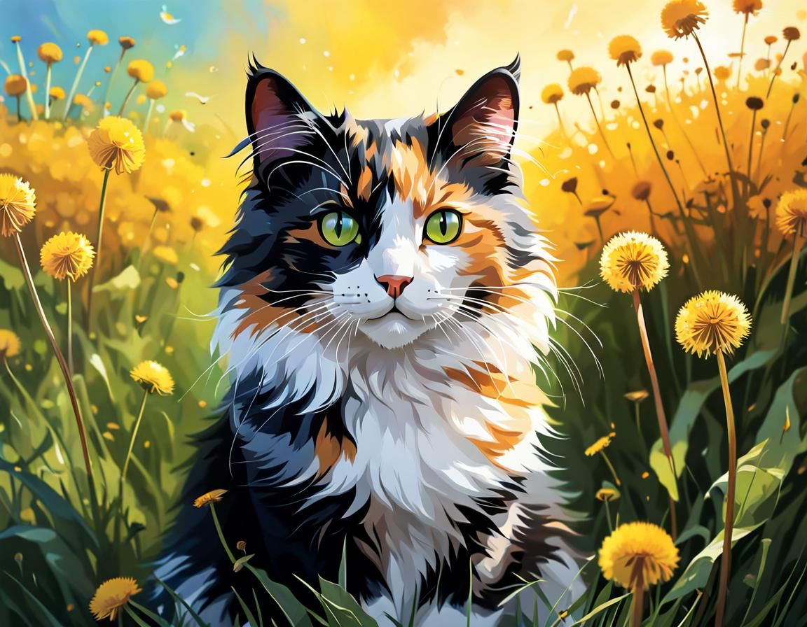 Calico Cat in Dandelion Field: Hyperrealistic Splash Art