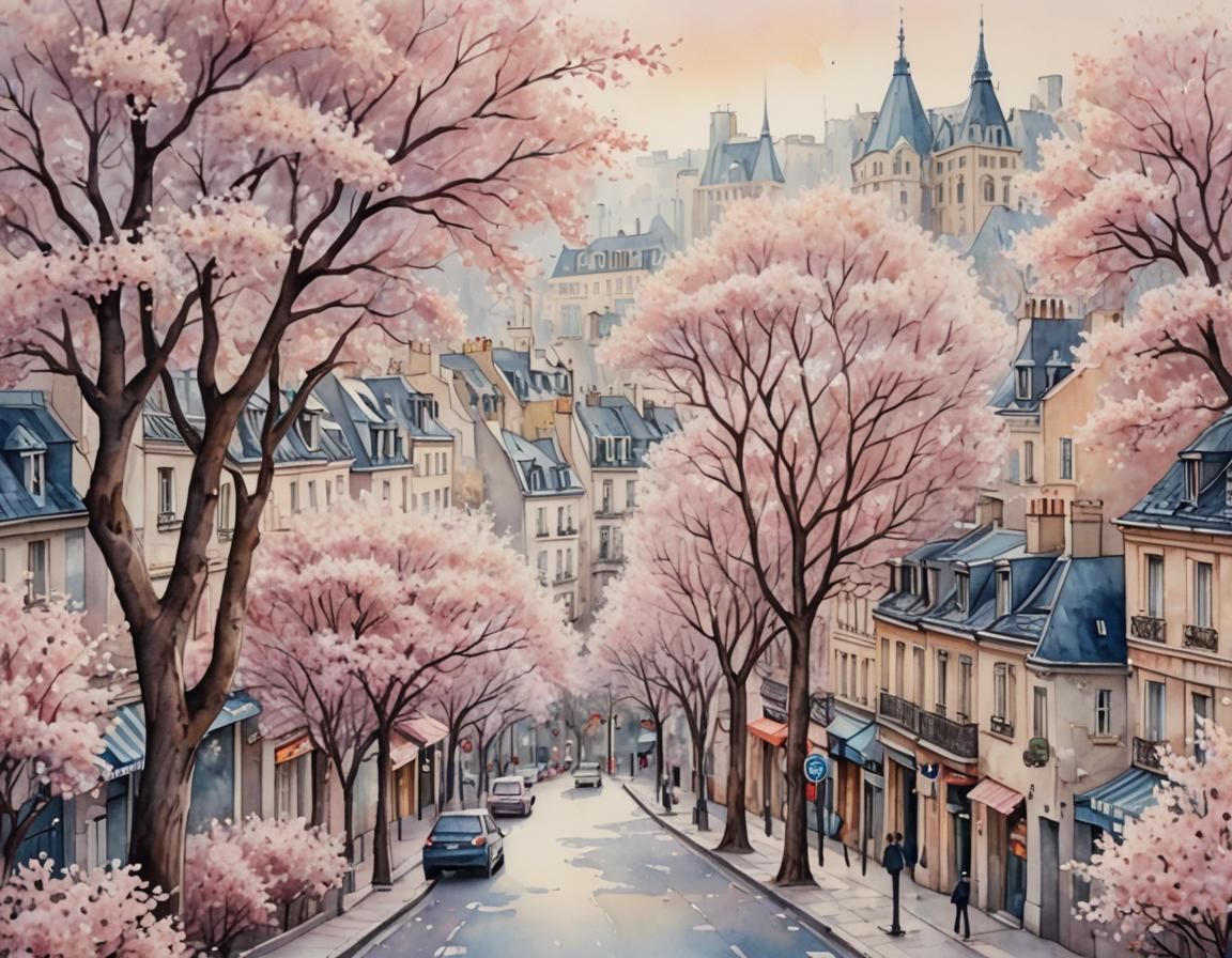 Parisian Street Scene in Watercolour Style