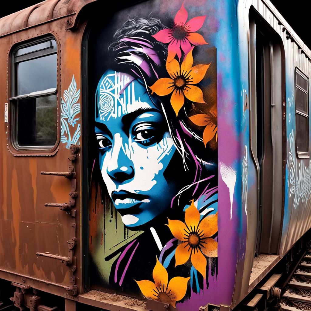 Stencil Art: Homeless Woman Amidst Urban Decay