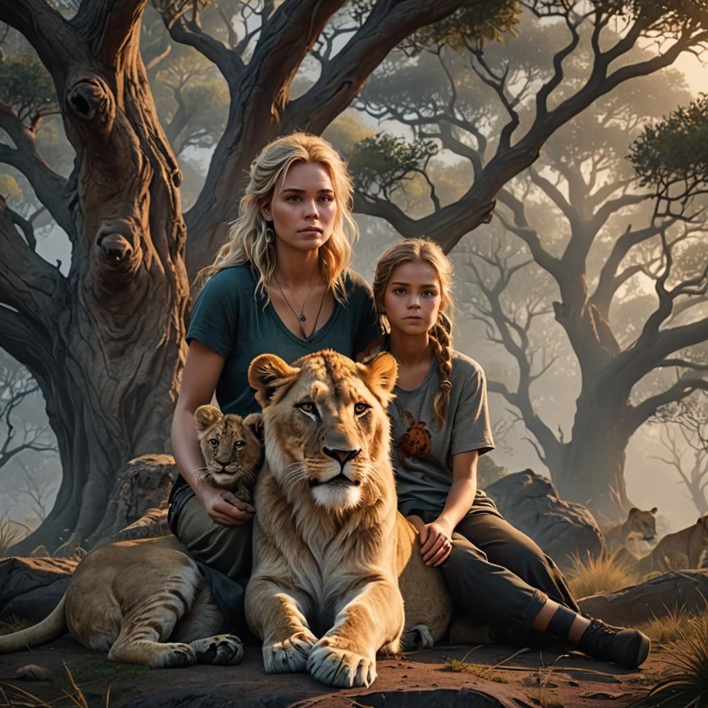 Blonde Girl with Lion Cub in Wilderness