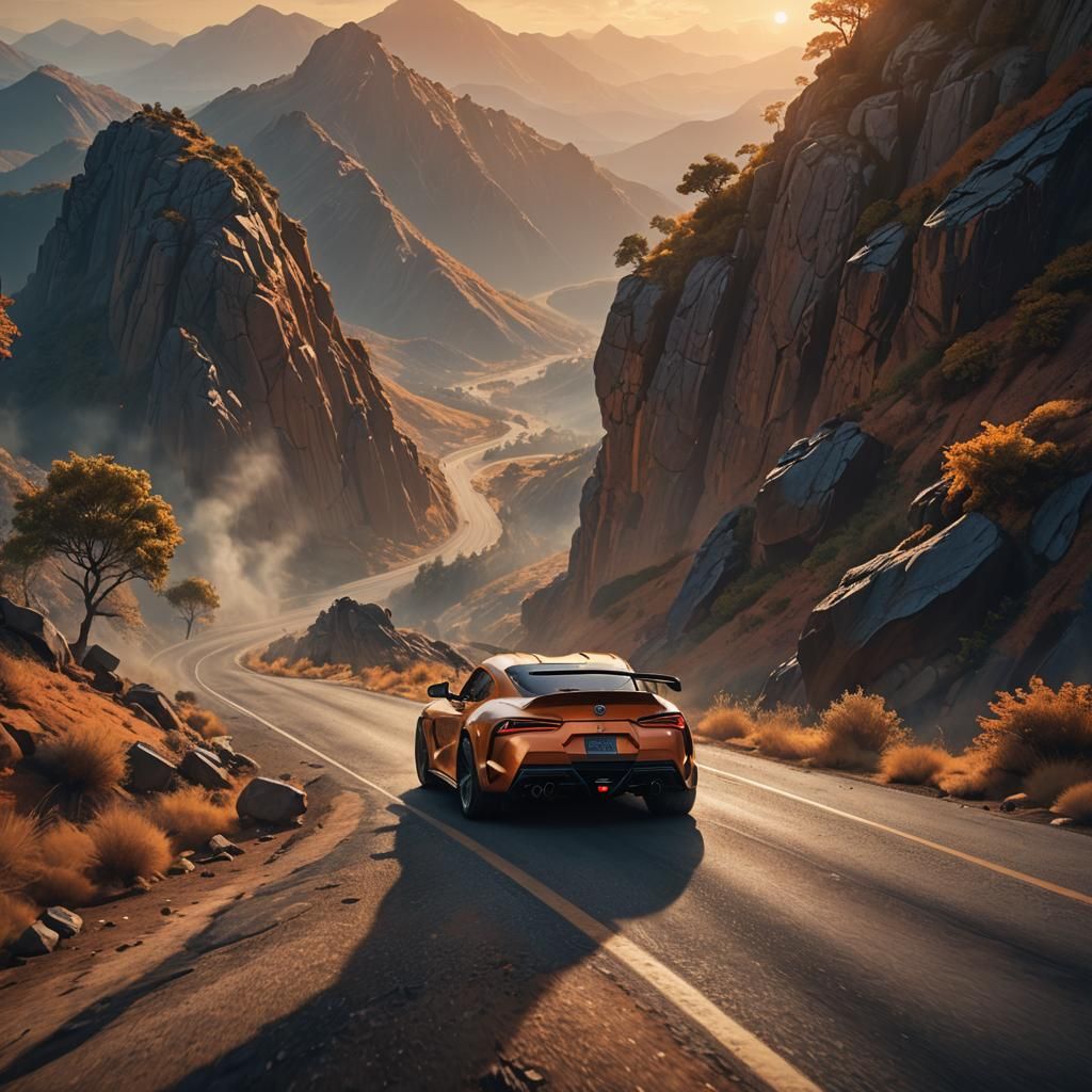 Supra on Mountain Road in Cinematic Concept Art