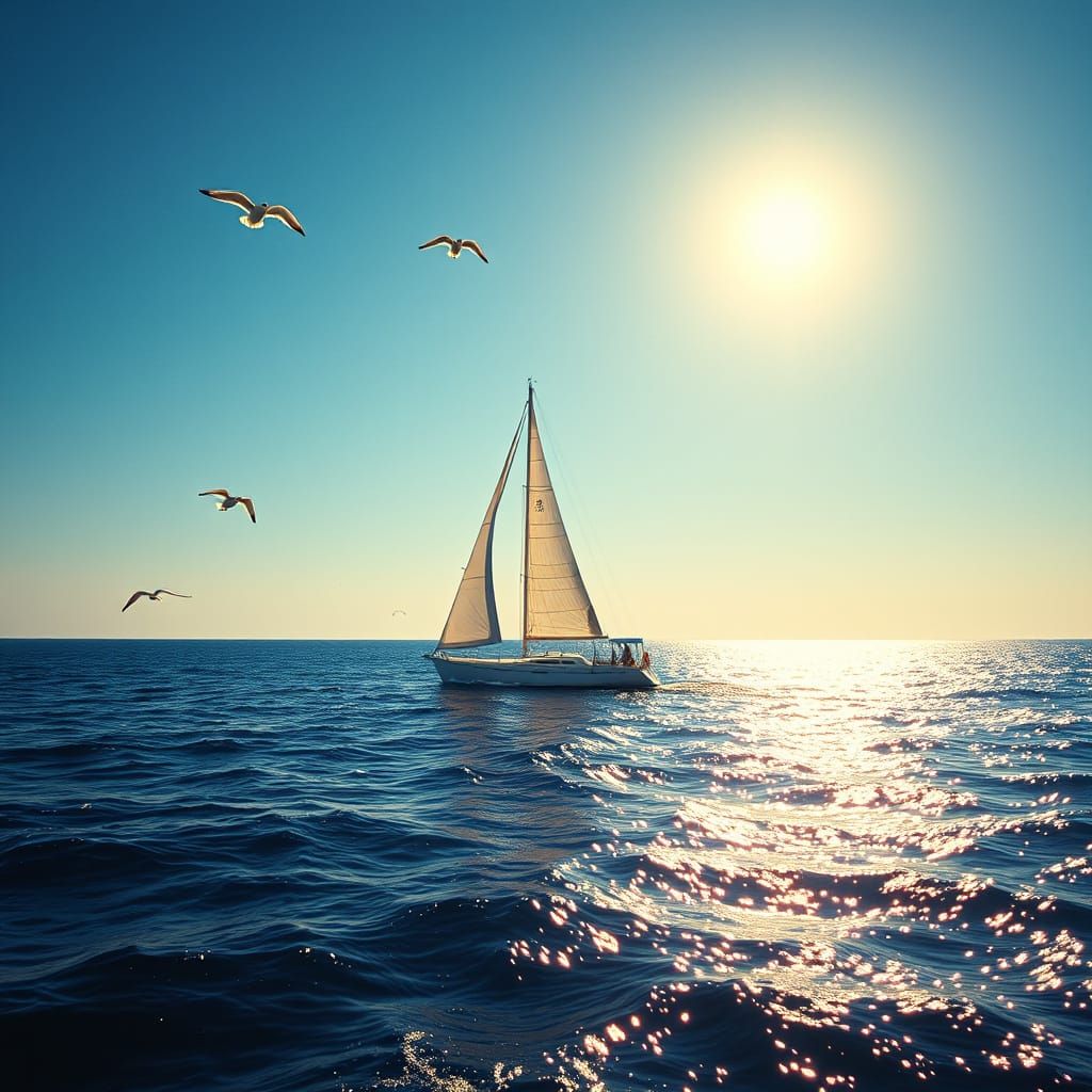 Sailboat Glides on Blue Sea with Golden Lighting