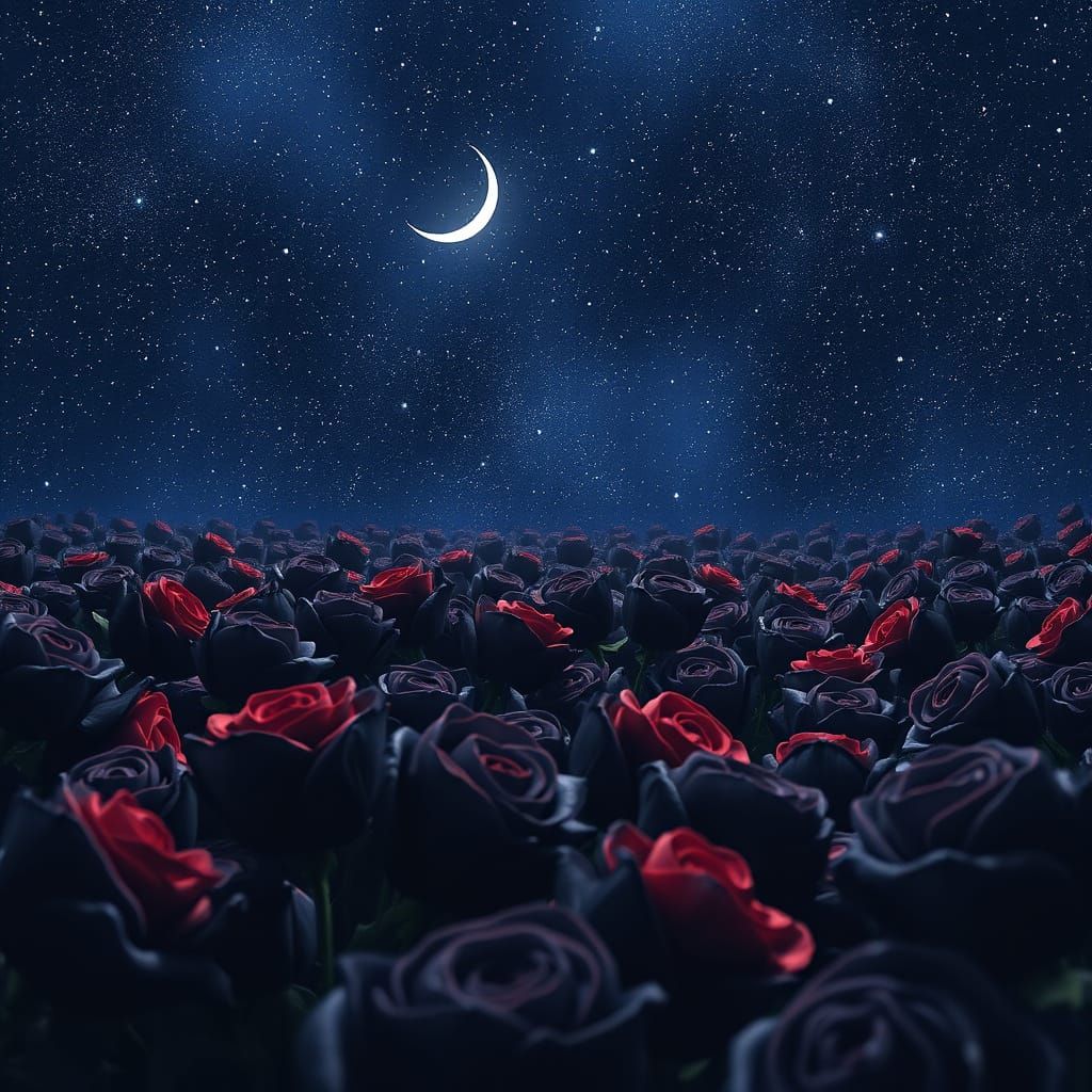 Starry Night Sky with Black Roses in Anime Style