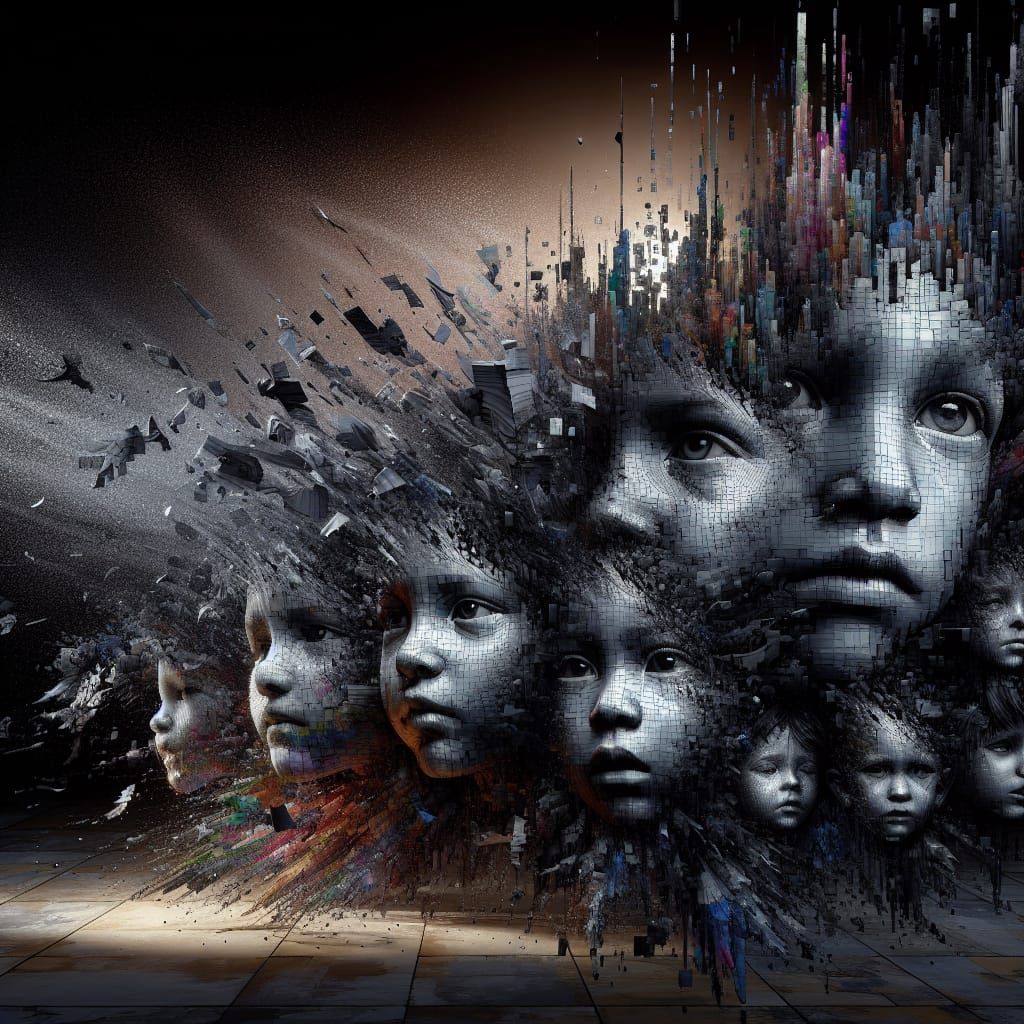 Melancholy Children in Digital Splash Art