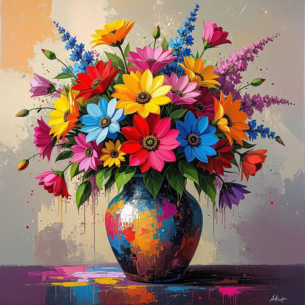 Vibrant Impasto Flower Vase with Graffiti Art Style