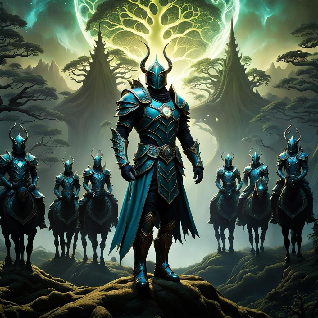 Elf Warrior Confronts Centaur Army in Fantasy Wasteland