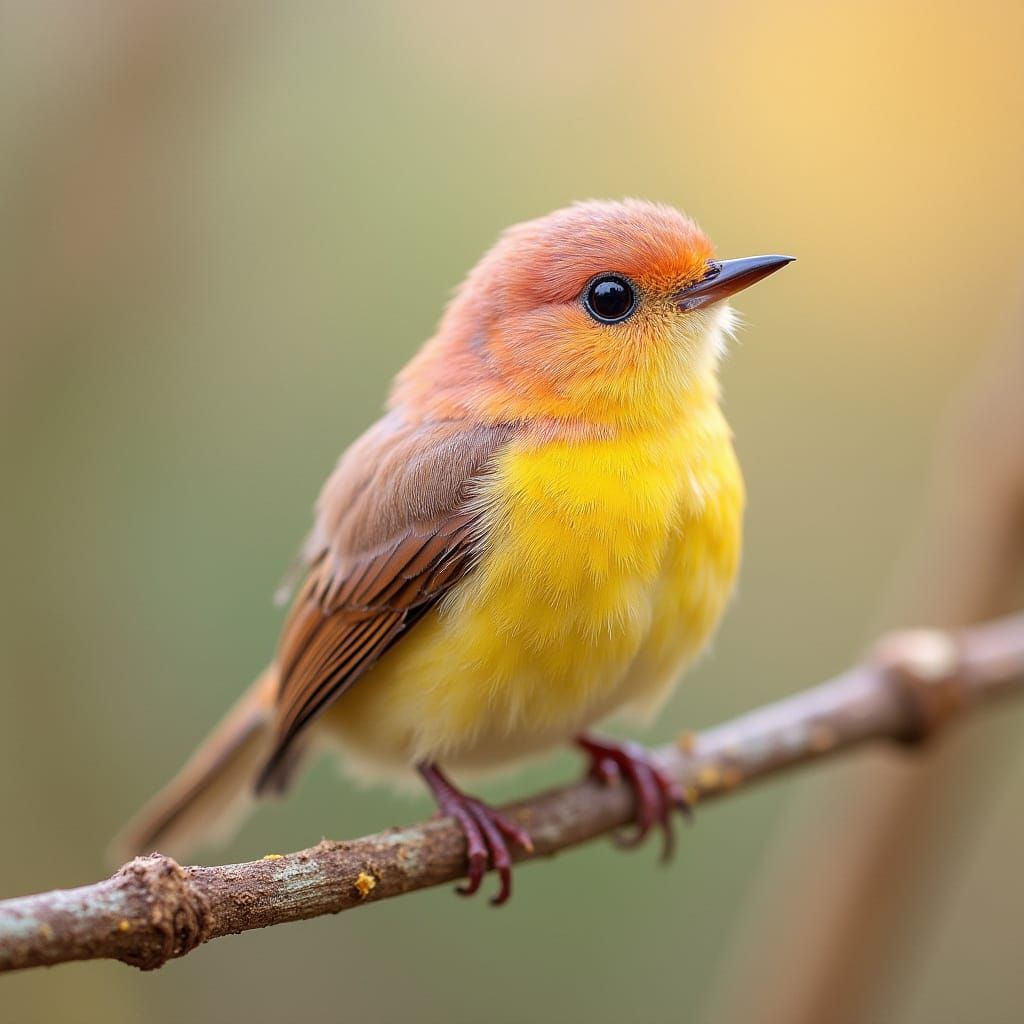 Fluffy Yellow and Pink Bird on Twig