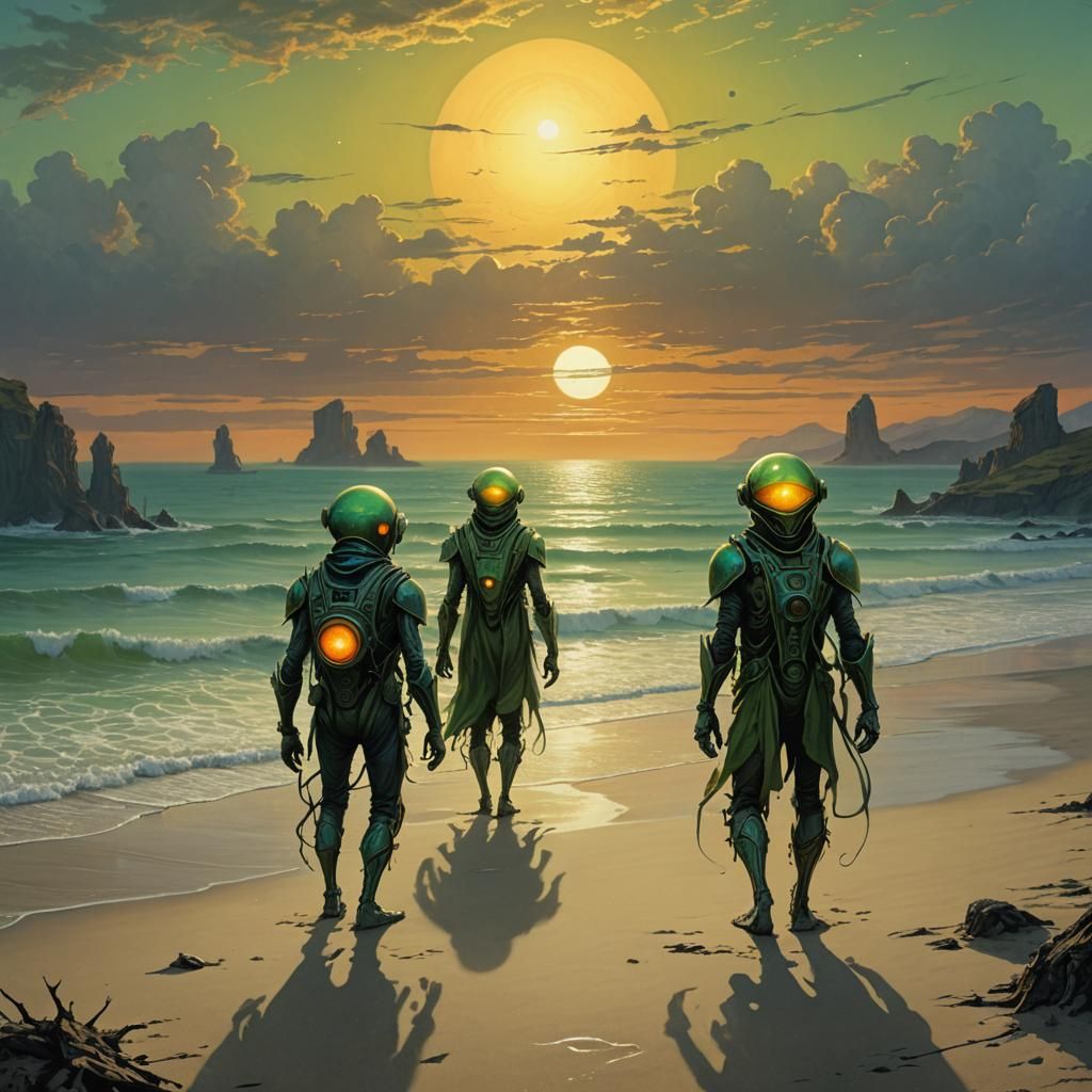 Alien Beach Sunset in Dark Fantasy Illustration Style