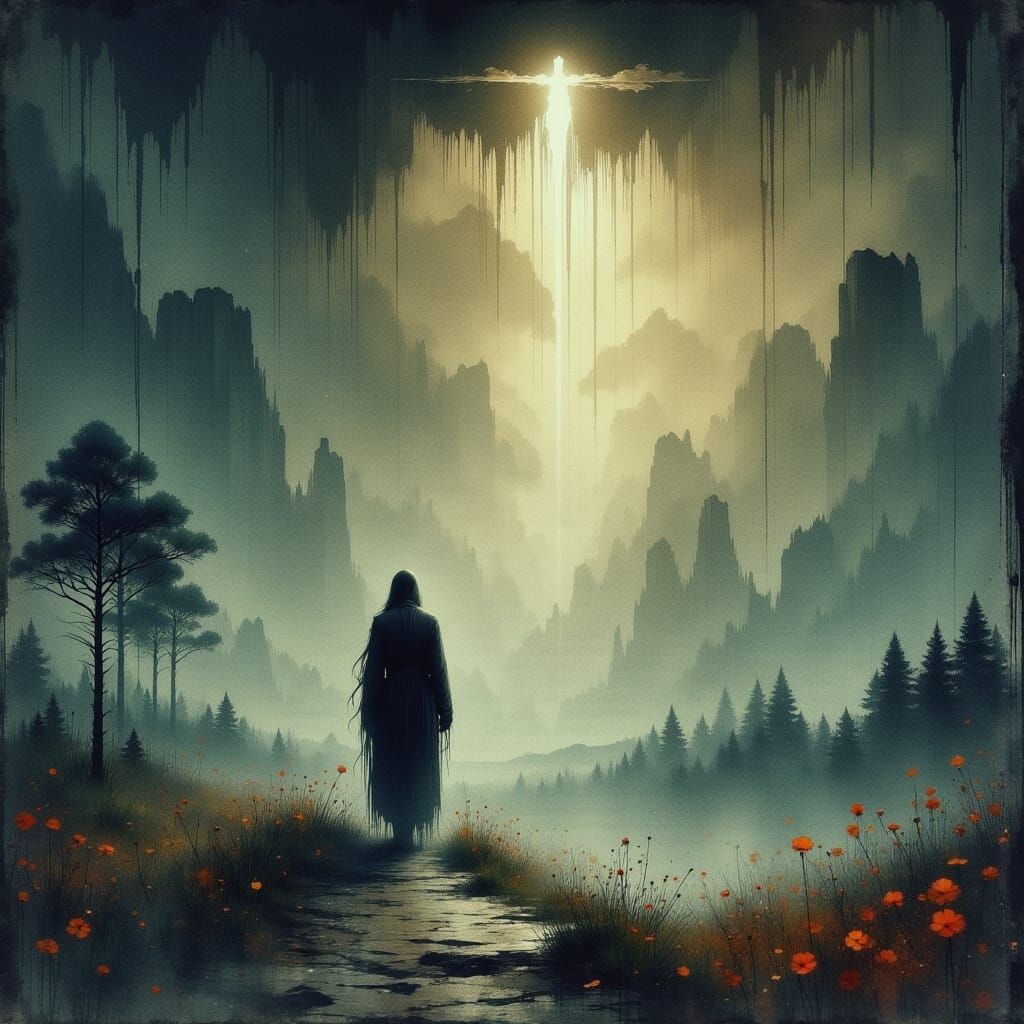 Spirit Descends in Desolate Landscape: Surreal Illustration