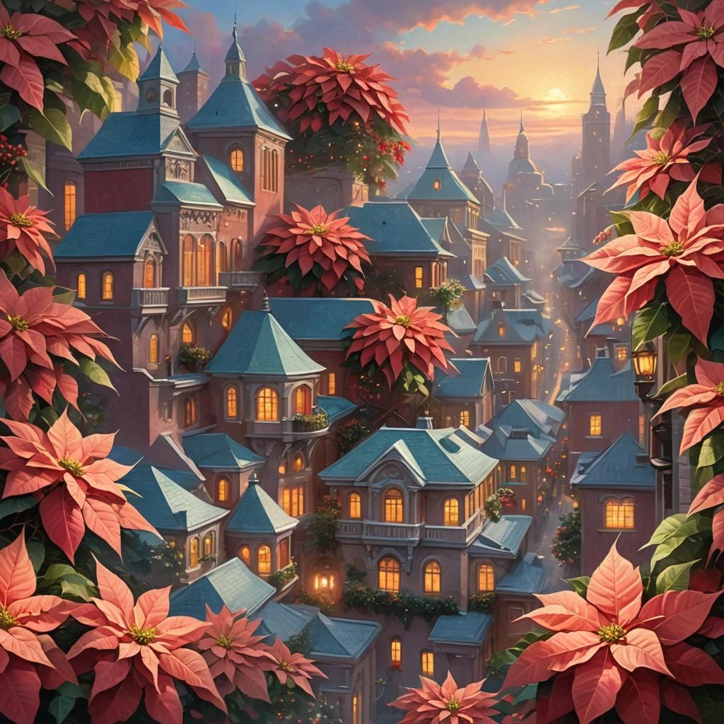 Poinsettia Cityscape at Dawn: A Digital Painting