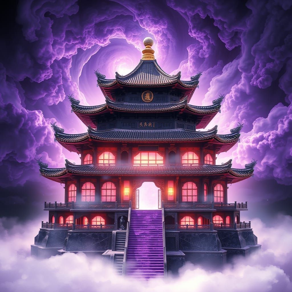 Shaolin temple made of obsidian and amethyst crystals. purple and black clouds around. translucent, luminous, magic.