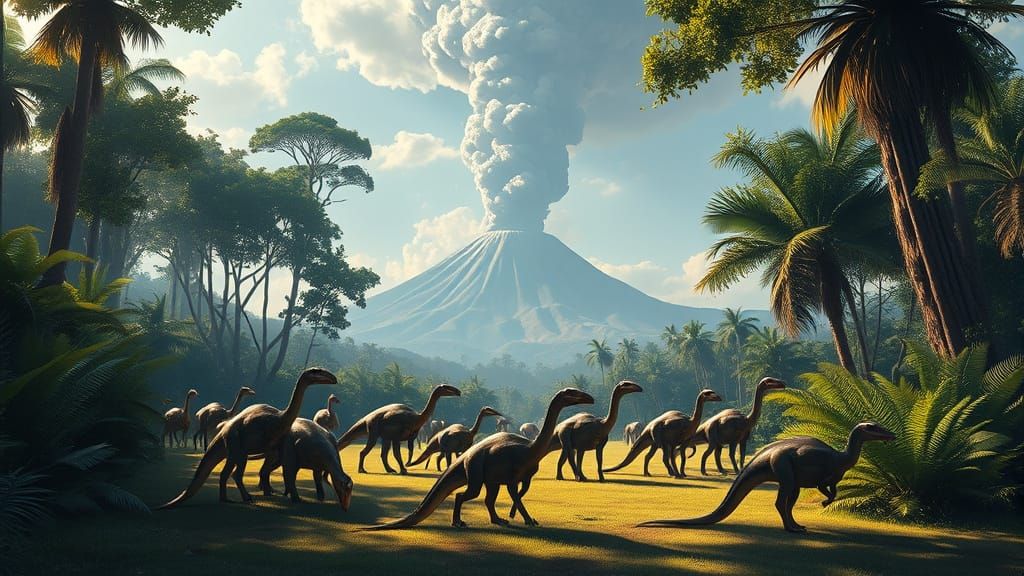 Dinosaurs in Lush Jungle with Erupting Volcano