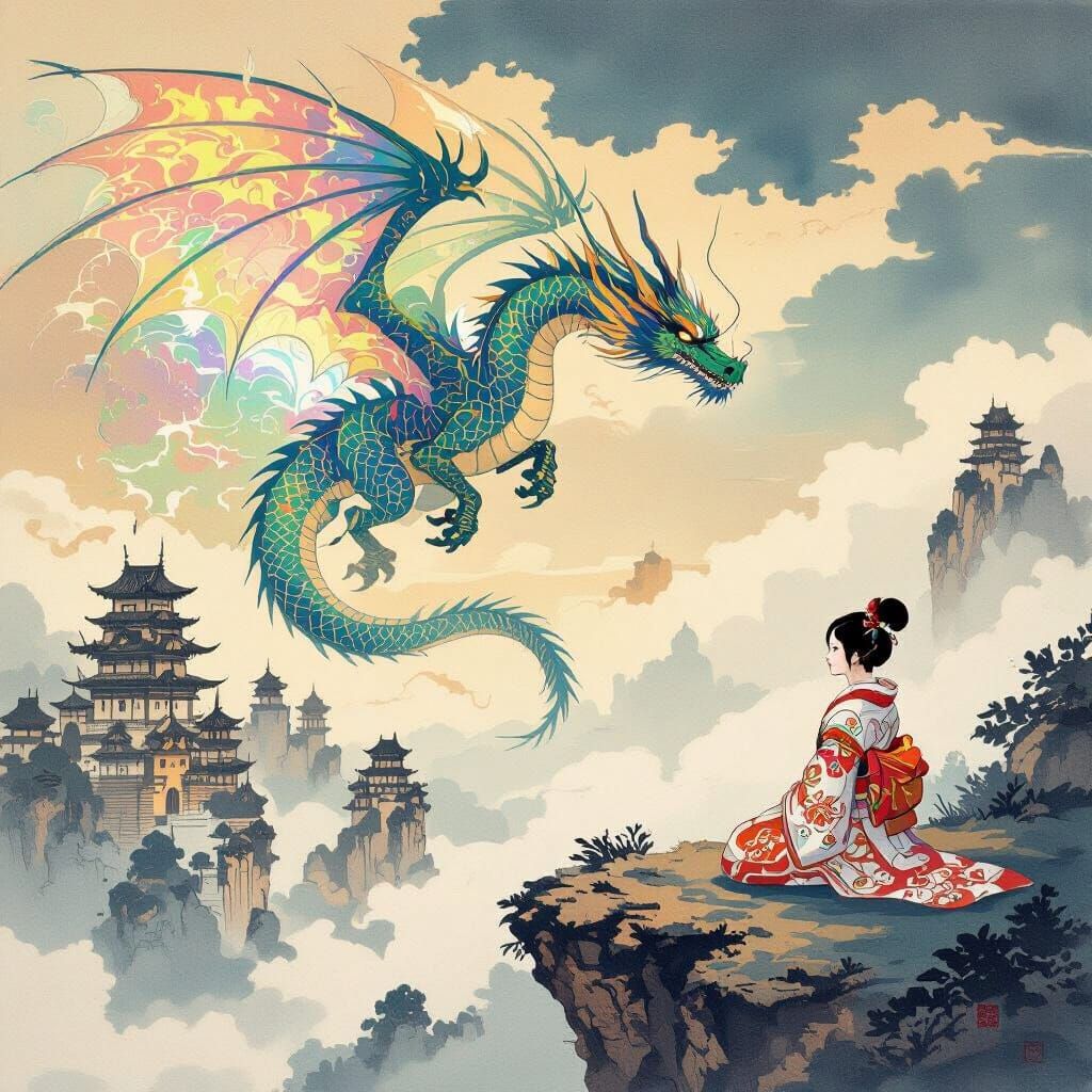 Dragon Soaring Over Ruins with Princess, Japanese Ink Wash S...