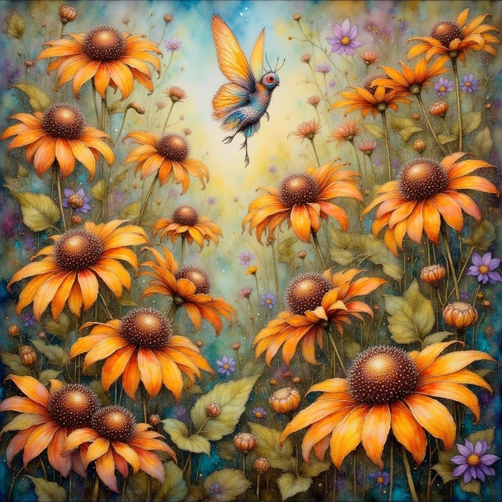 Brown-Eyed Susan Fairies in Whimsical Landscape