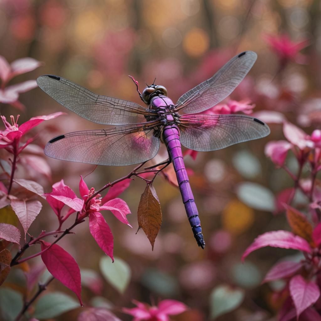 Dragonfly on Fuschia Flower, Sharp Focus Macro Photograph