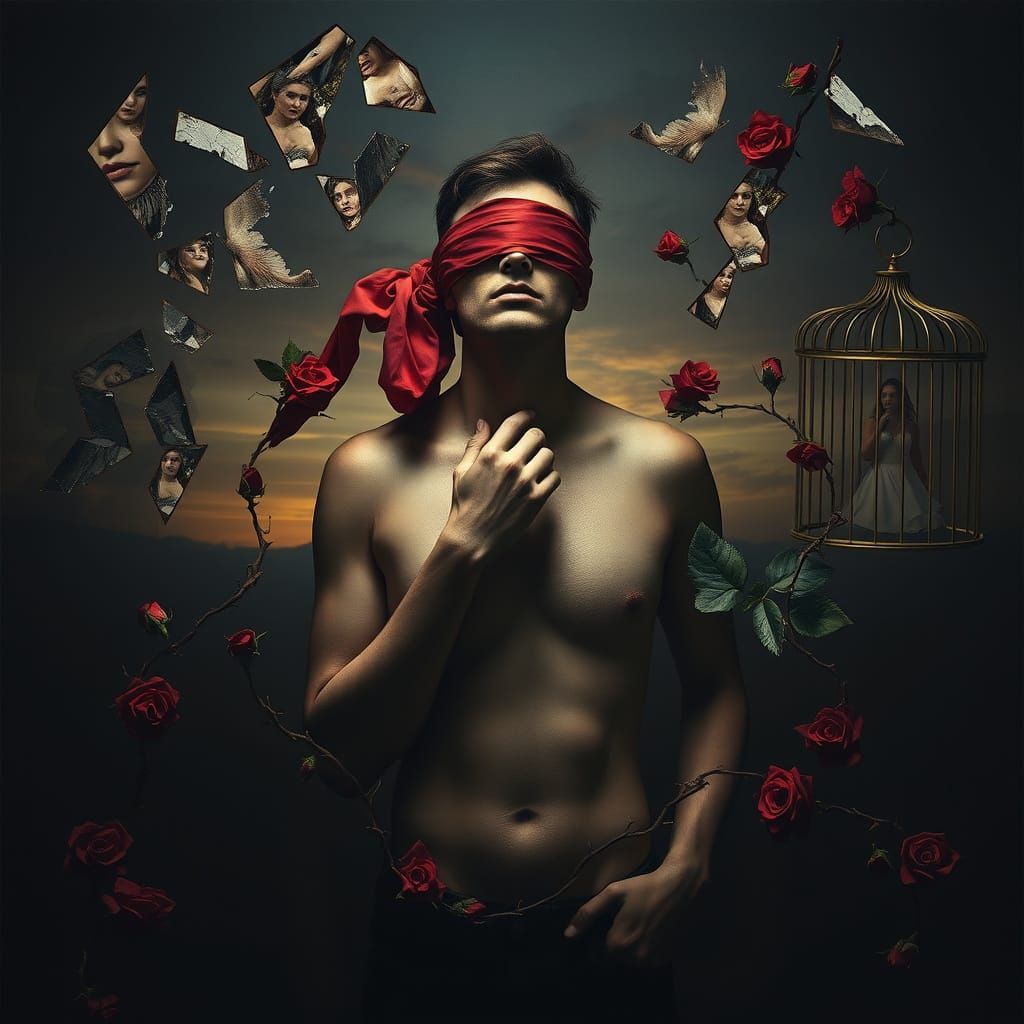 Blind Devotion: Man Reaches for Mirage Amidst Symbolism