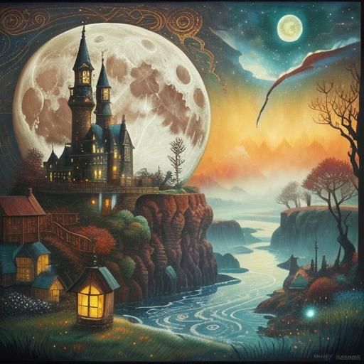 Mythological Moonlit Scene in Patchwork Style