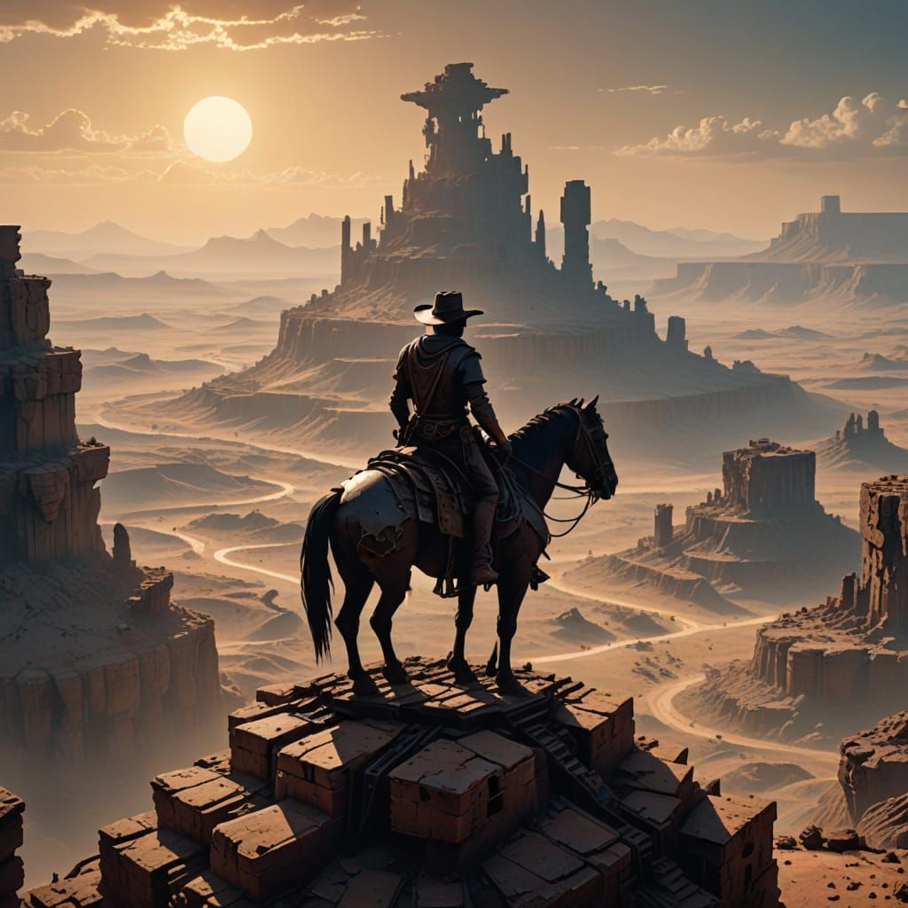 Cowboy Rides Giant Automaton Over Lost Valley