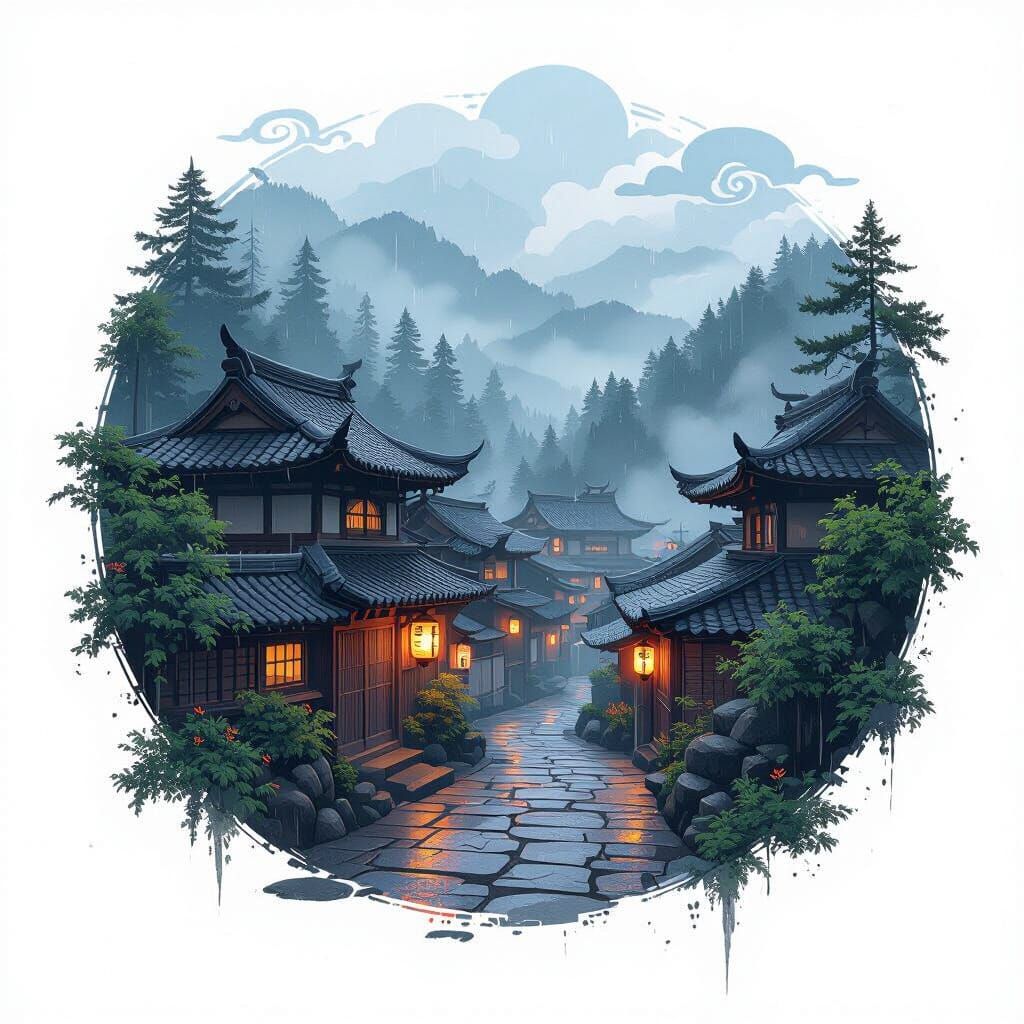 Misty Japanese Village With Glowing Lanterns In Ghibli Style