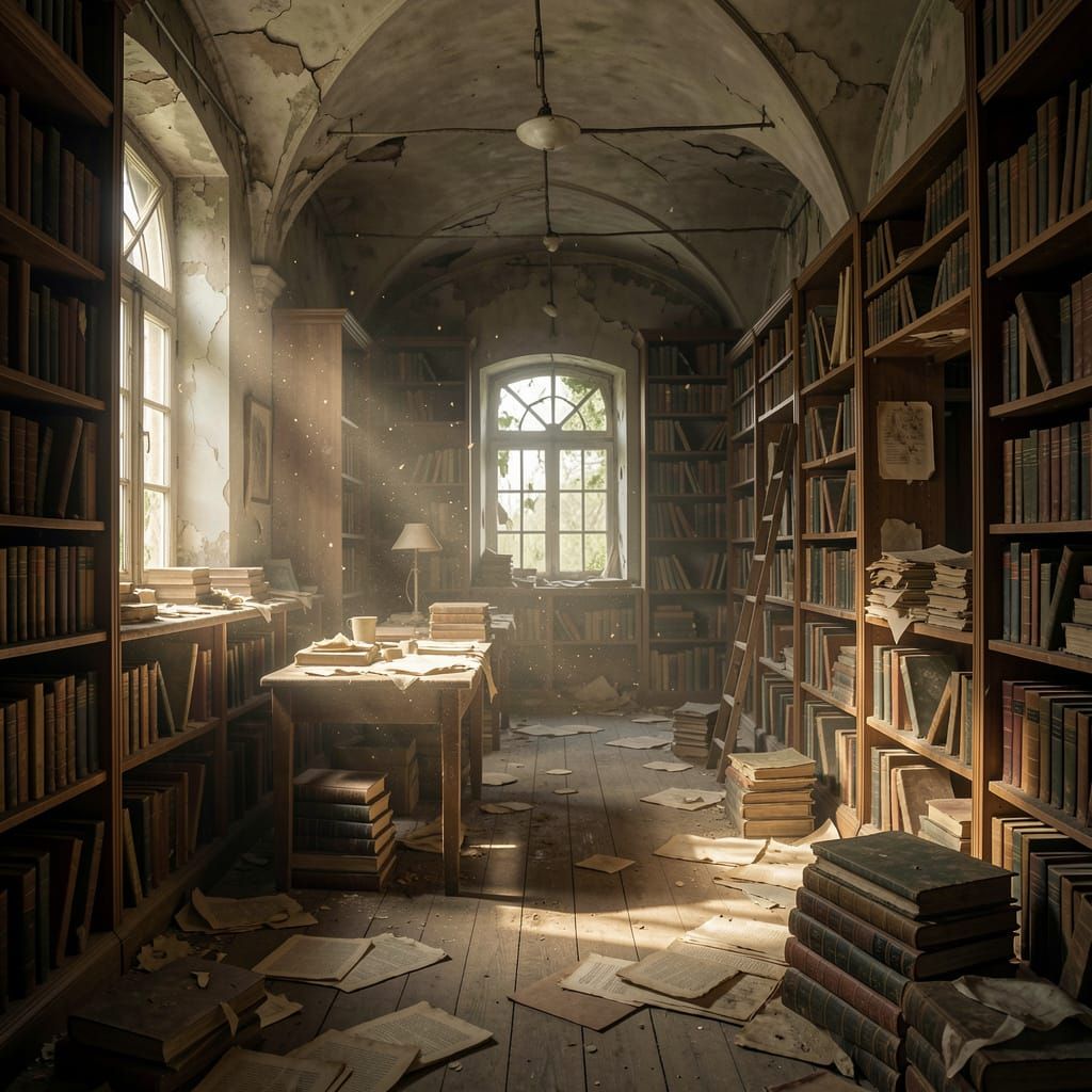 Abandoned Library Bathed in Sunlight, Fine Art Photography