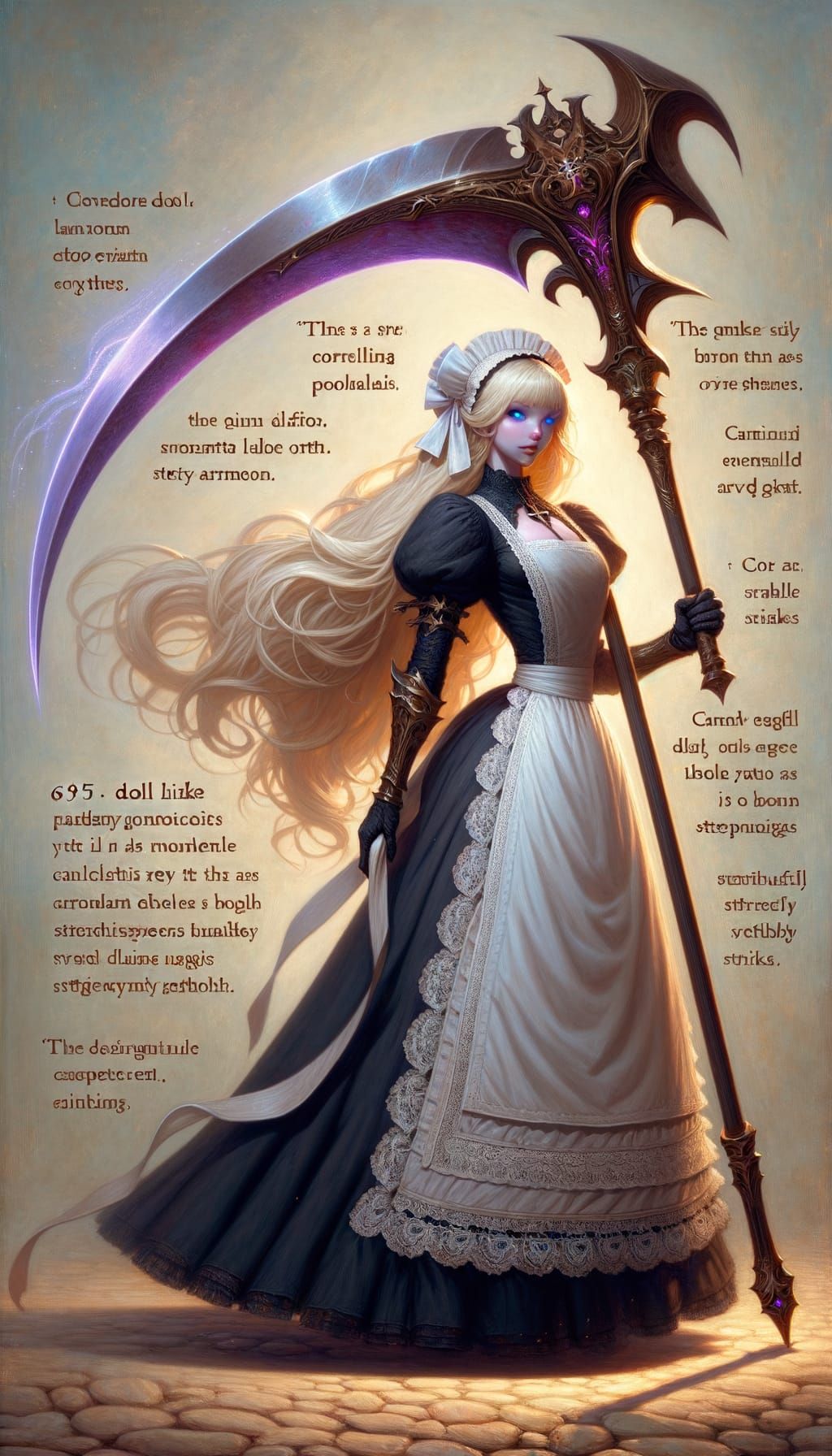 Doll-like Golem Maid with Scythe, Oil Painting