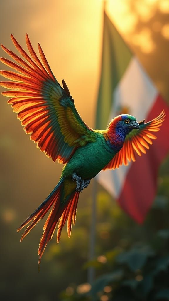 Quetzal in Flight with Guatemalan Flag, Hyperrealistic Style