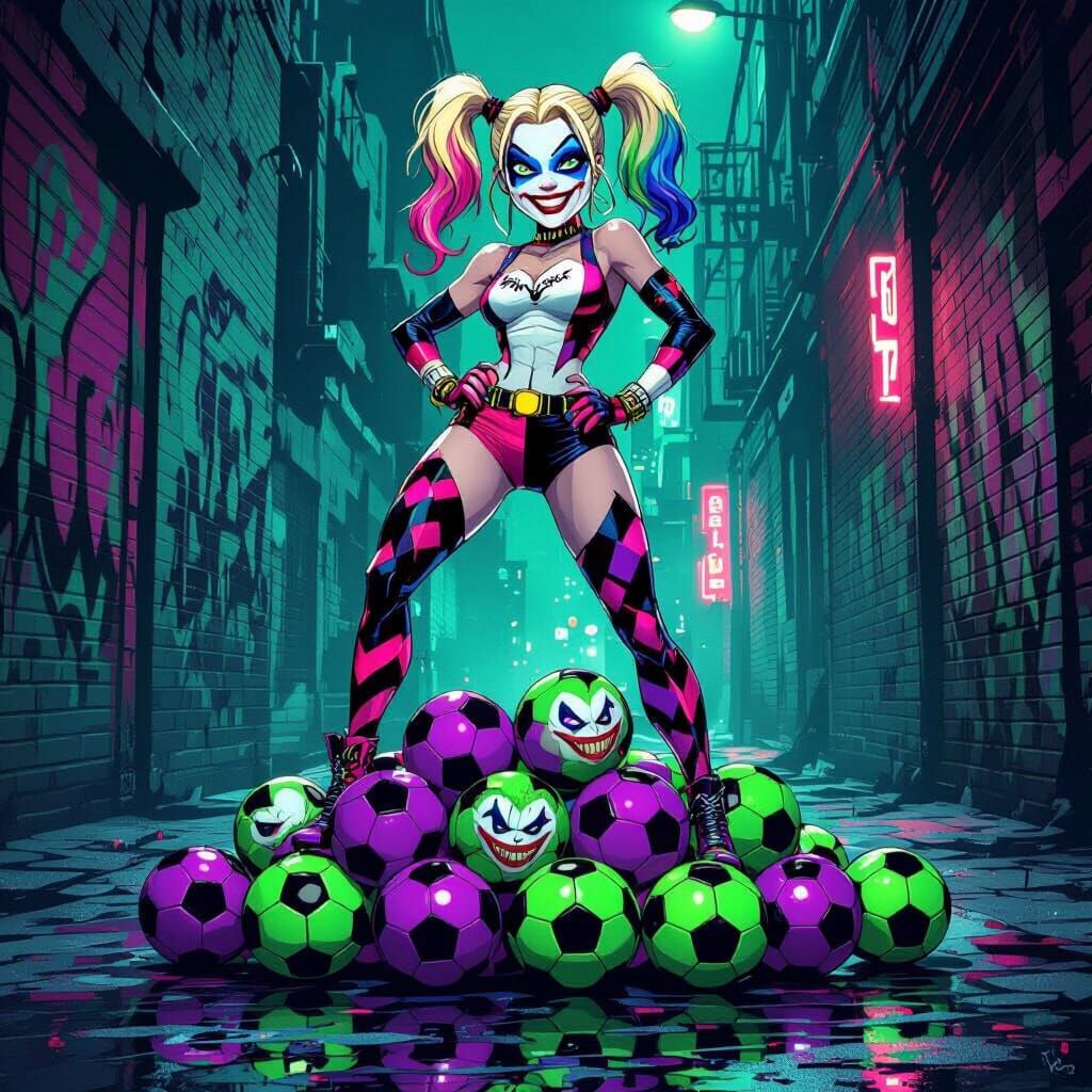 Harley Quinn Triumphs on Joker Soccer Balls in Comic Art Sty...