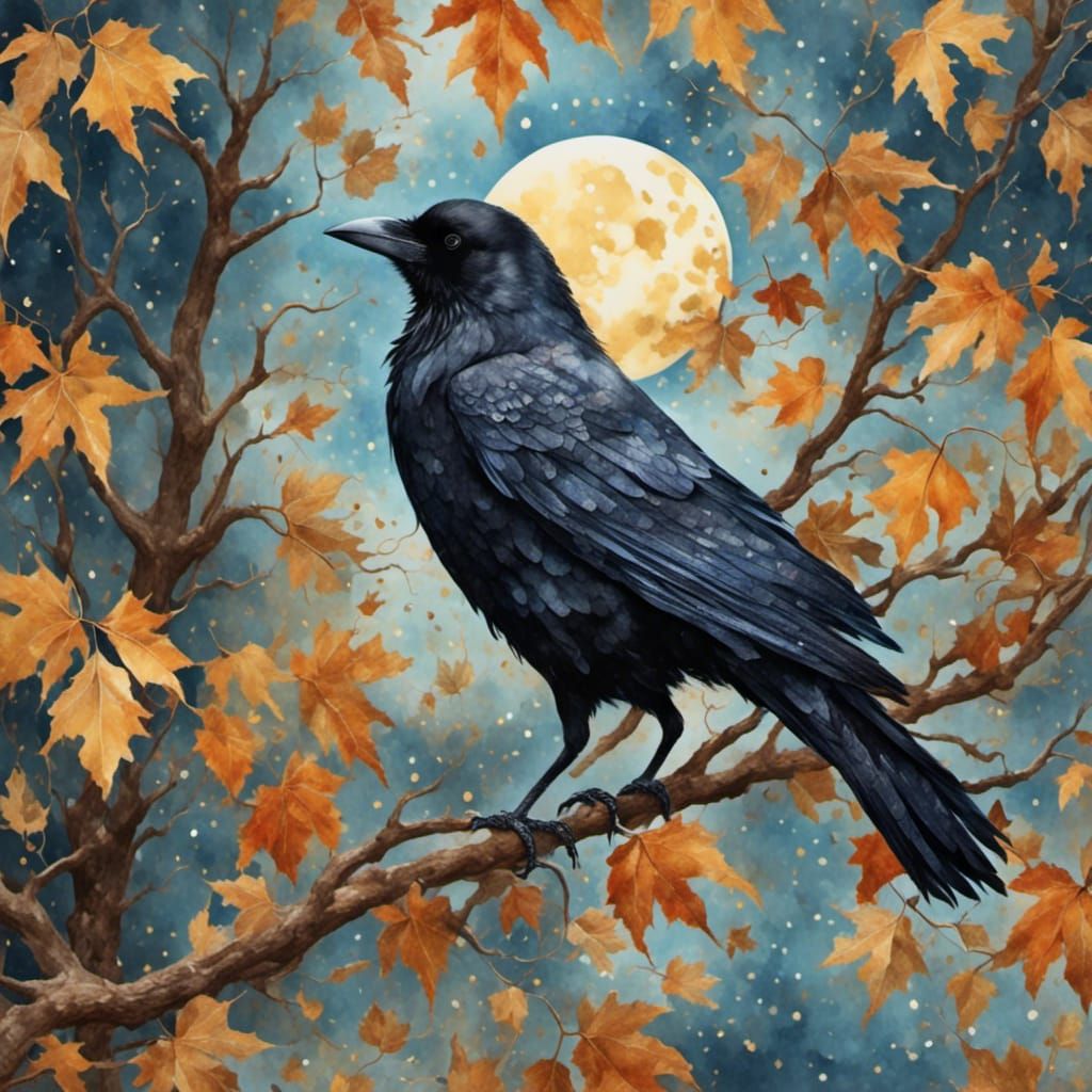 Majestic Crow on Autumn Branch in Watercolor