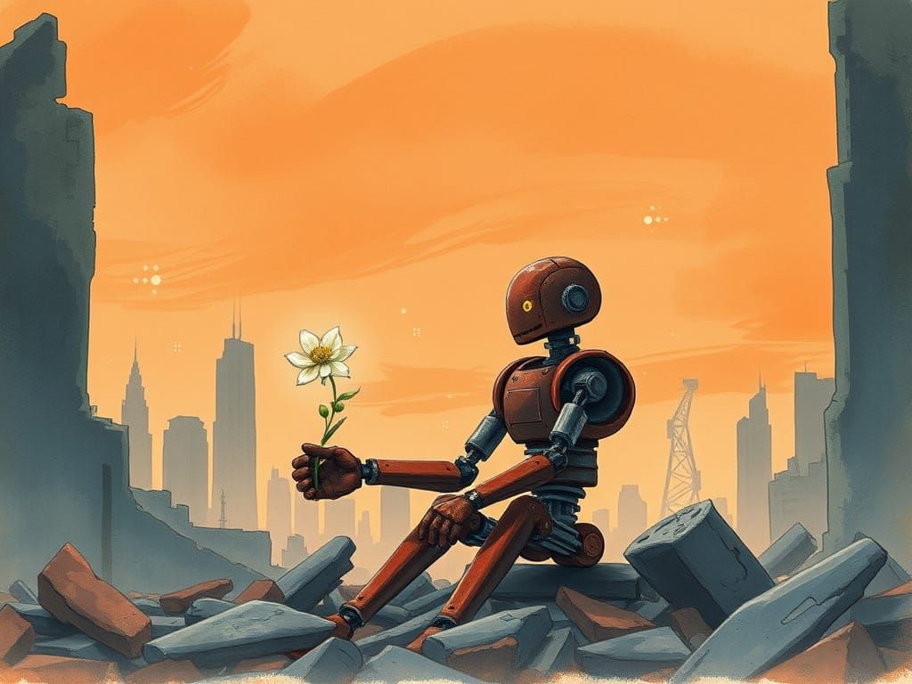 Robot Finds Hope in Ruined City Watercolor