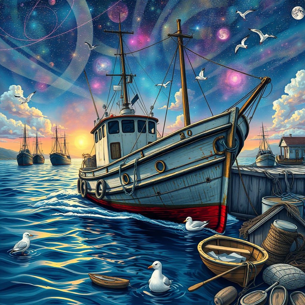 Fishing Trawler in Port: Holographic Astral Illustration