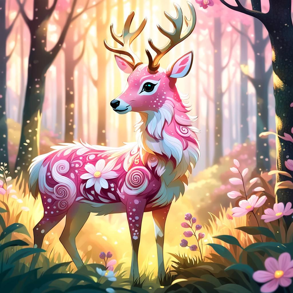 Enchanted Pink Deer in Forest, Art Nouveau Style