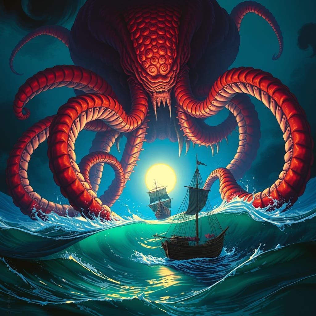 Kraken Emerges from the Deep Ocean: Dark Fantasy Art