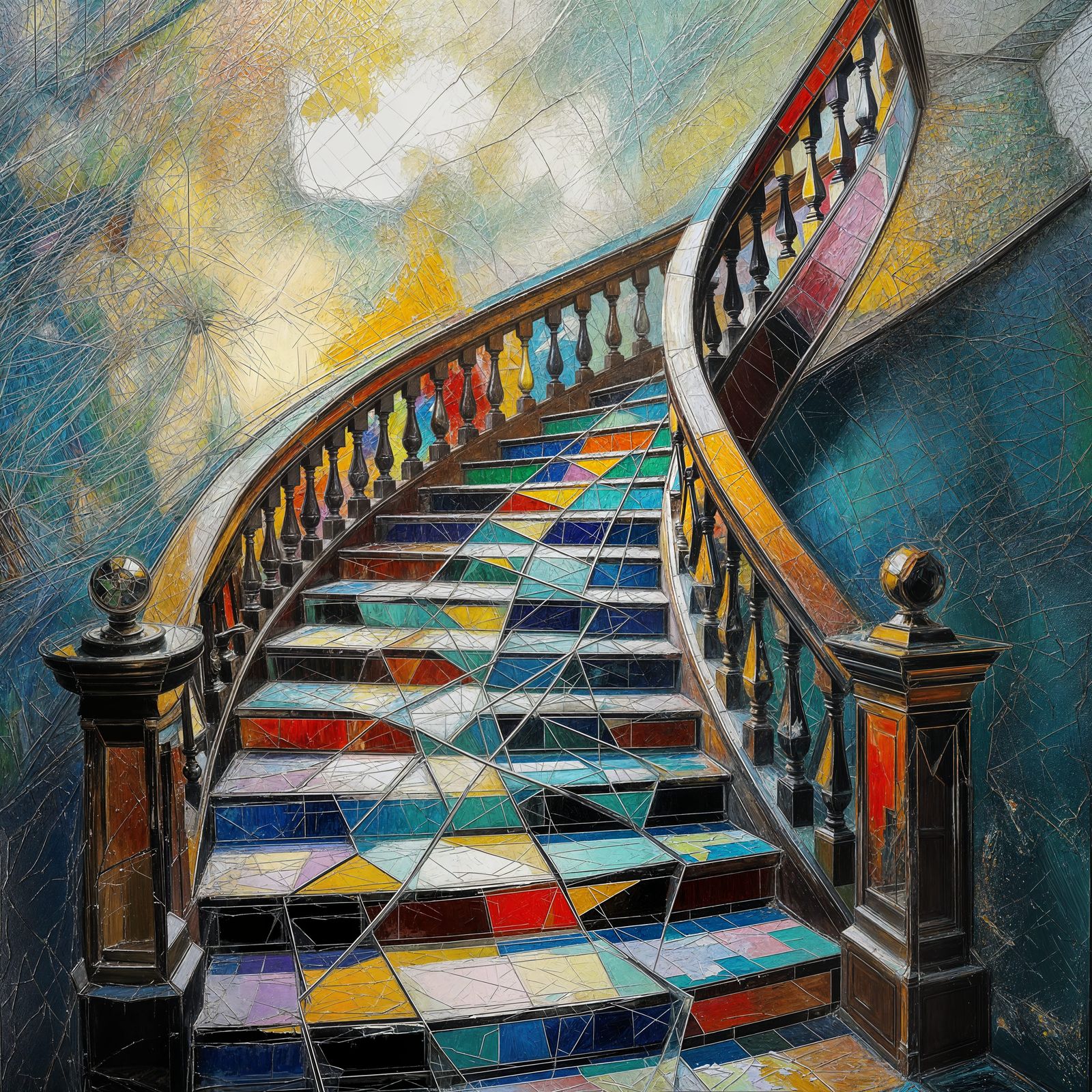 Hyperrealistic Shattered Glass Staircase in Impasto Style