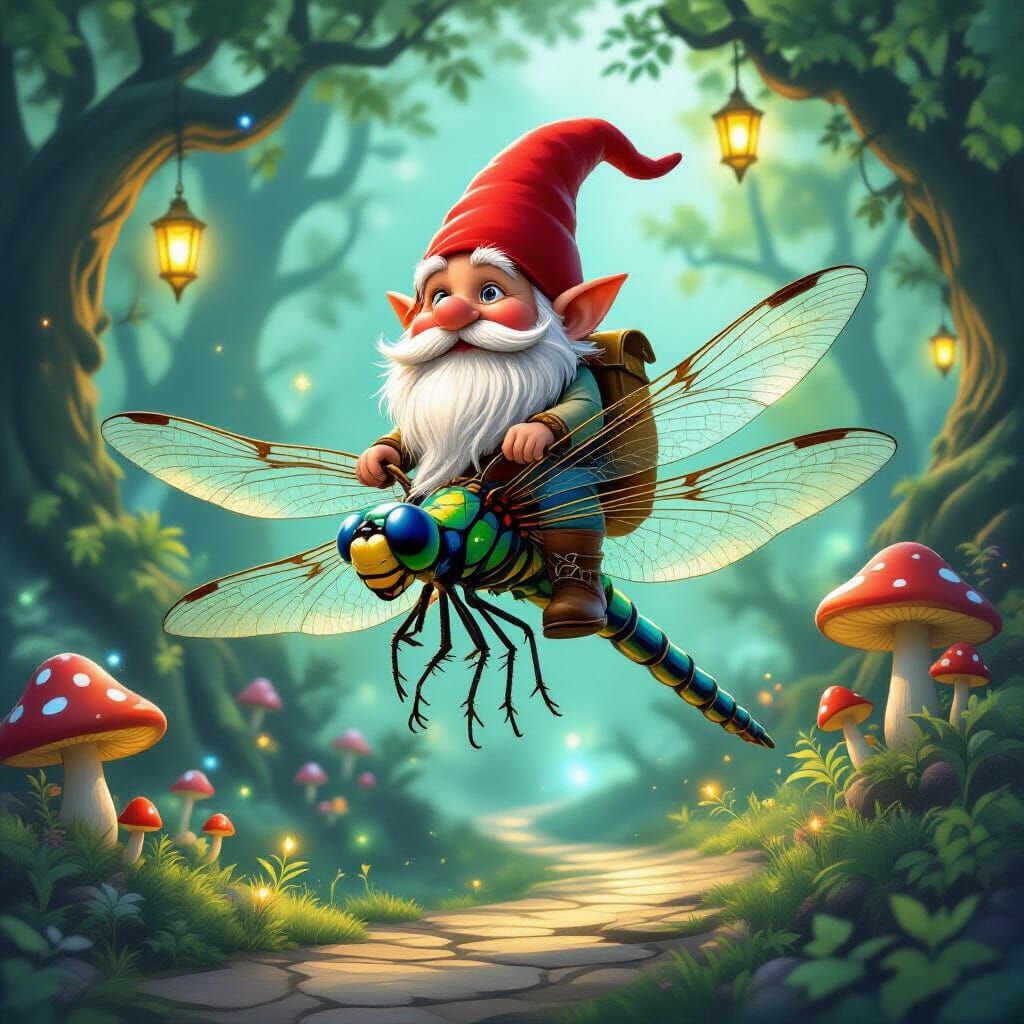 Gnome Rides Dragonfly Through Enchanted Forest