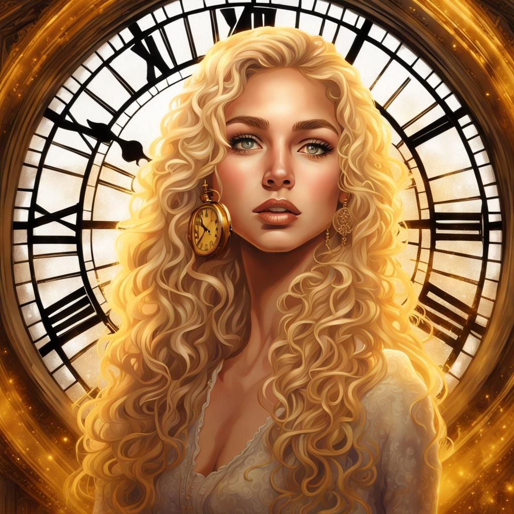 Glowing Portrait of Girl with Clock Background