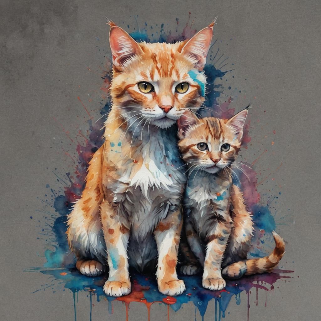 Whimsical Cat and Kitten Portrait in Watercolor Style