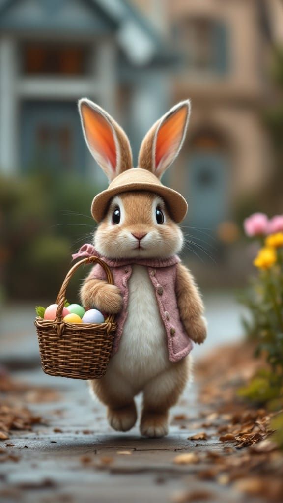 Cute Victorian Easter Bunny in Easter Bonnet and Wicker Bask...