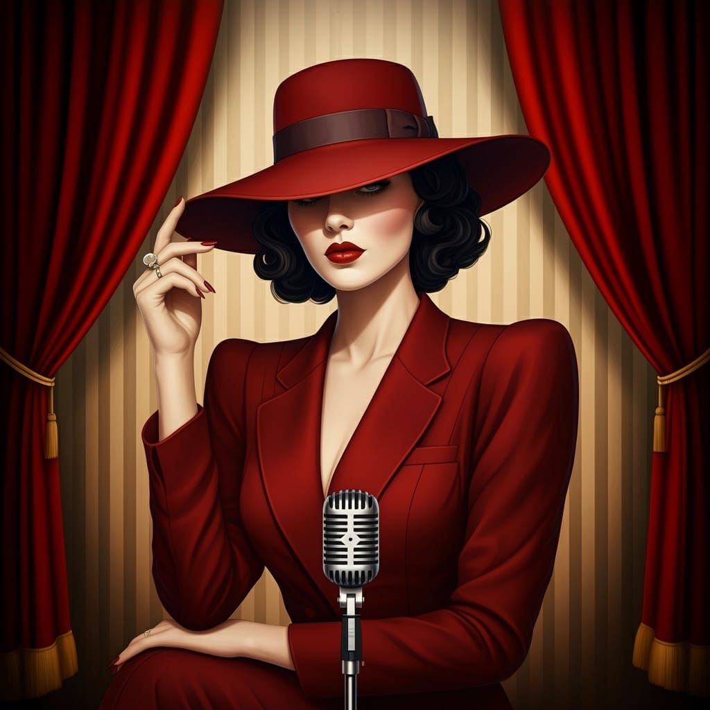 Elegant Enigma in Red: A Sultry Pin-Up Icon
