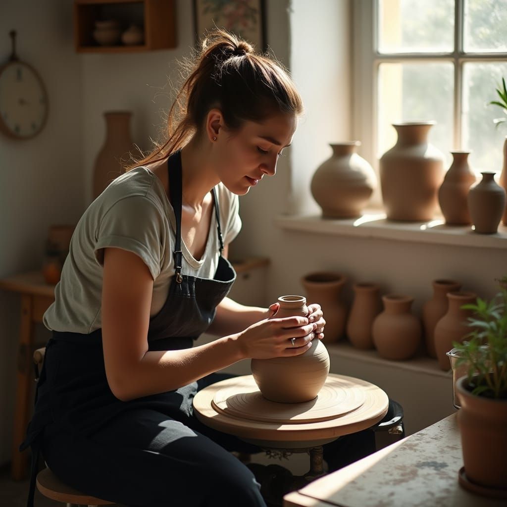 Female Potter at Wheel in Sunlit Studio