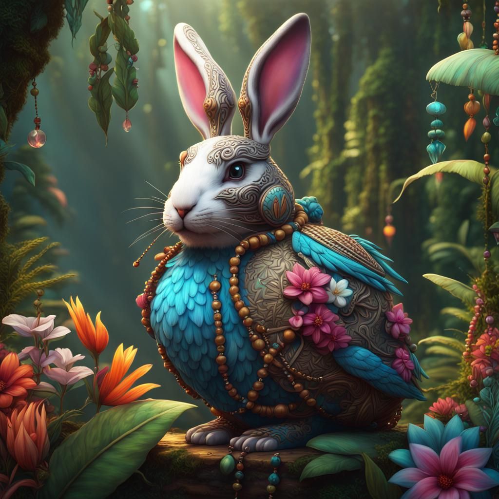 Bunny Love Bird in Jungle with Exotic Flowers