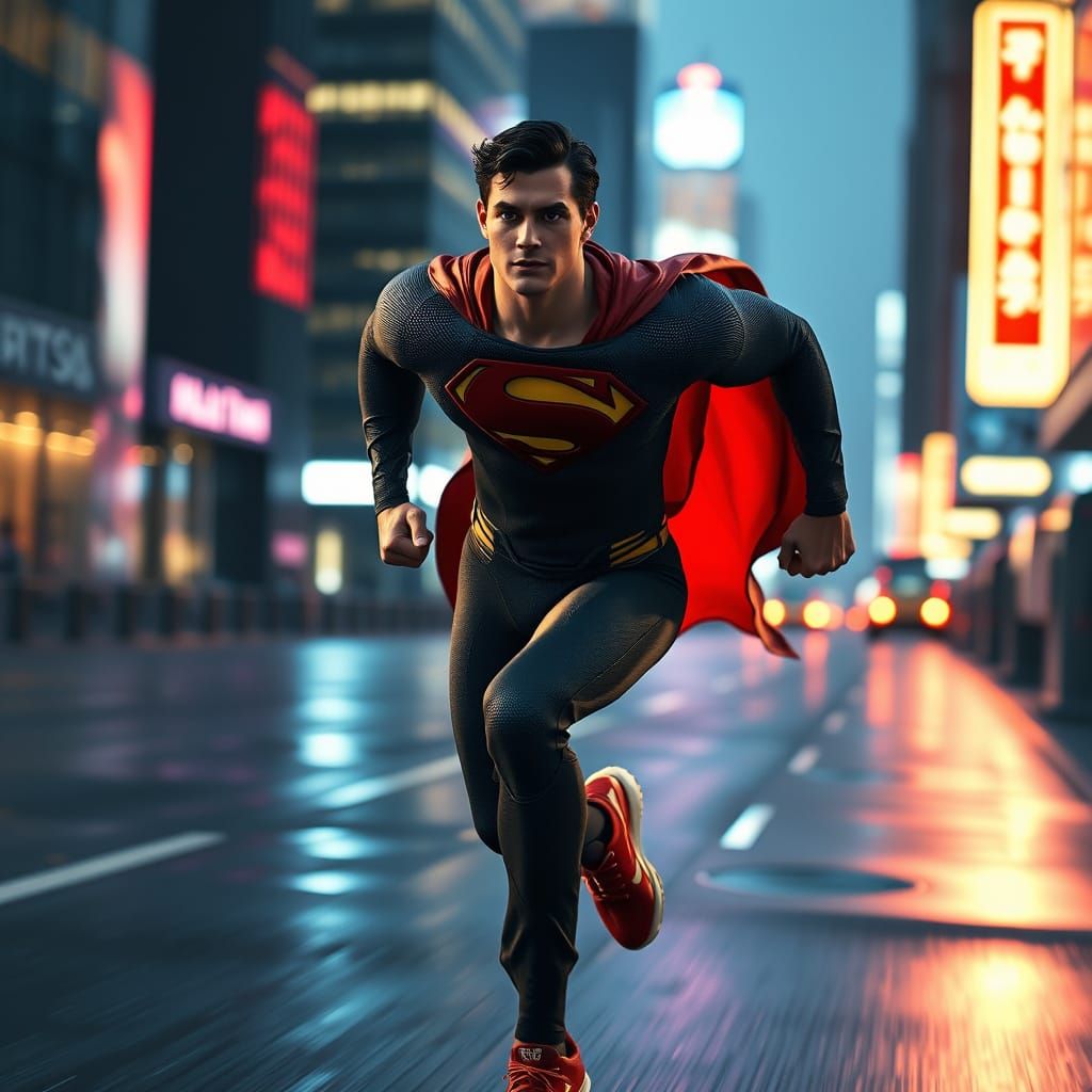 Superman Running at Super Speed in Cityscape