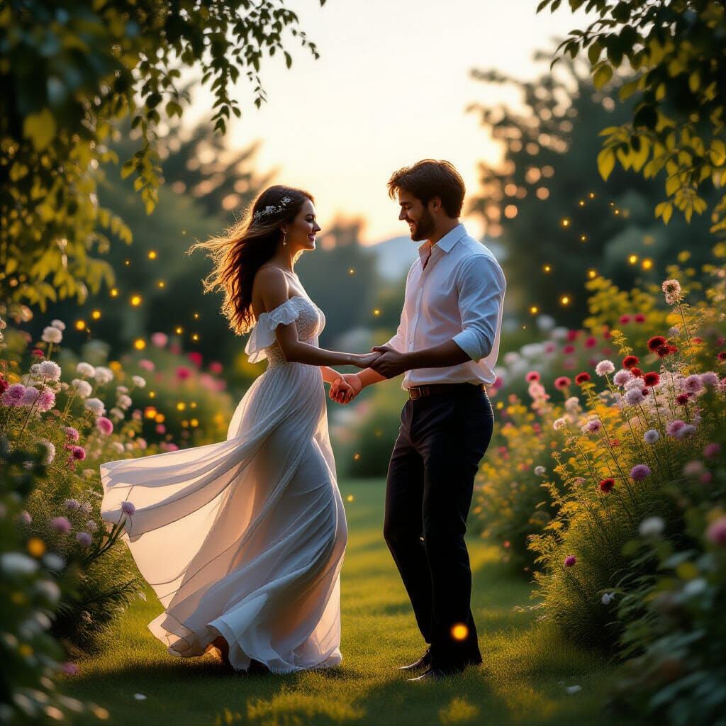 Couple Dancing in Twilight Garden with Fireflies