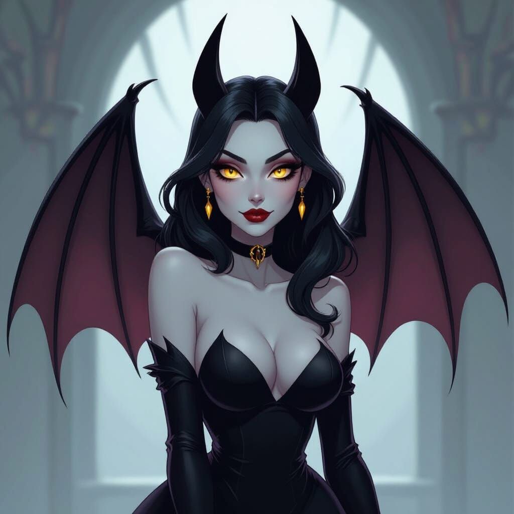 Hazbin Hotel Style Seductive Bat Woman with Yellow Eyes