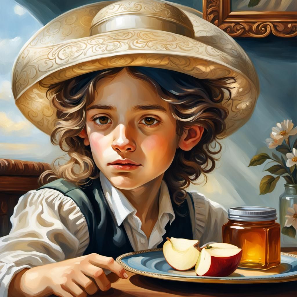 Ultra-Orthodox Boy Eating Honey, Hyperrealistic Concept Art