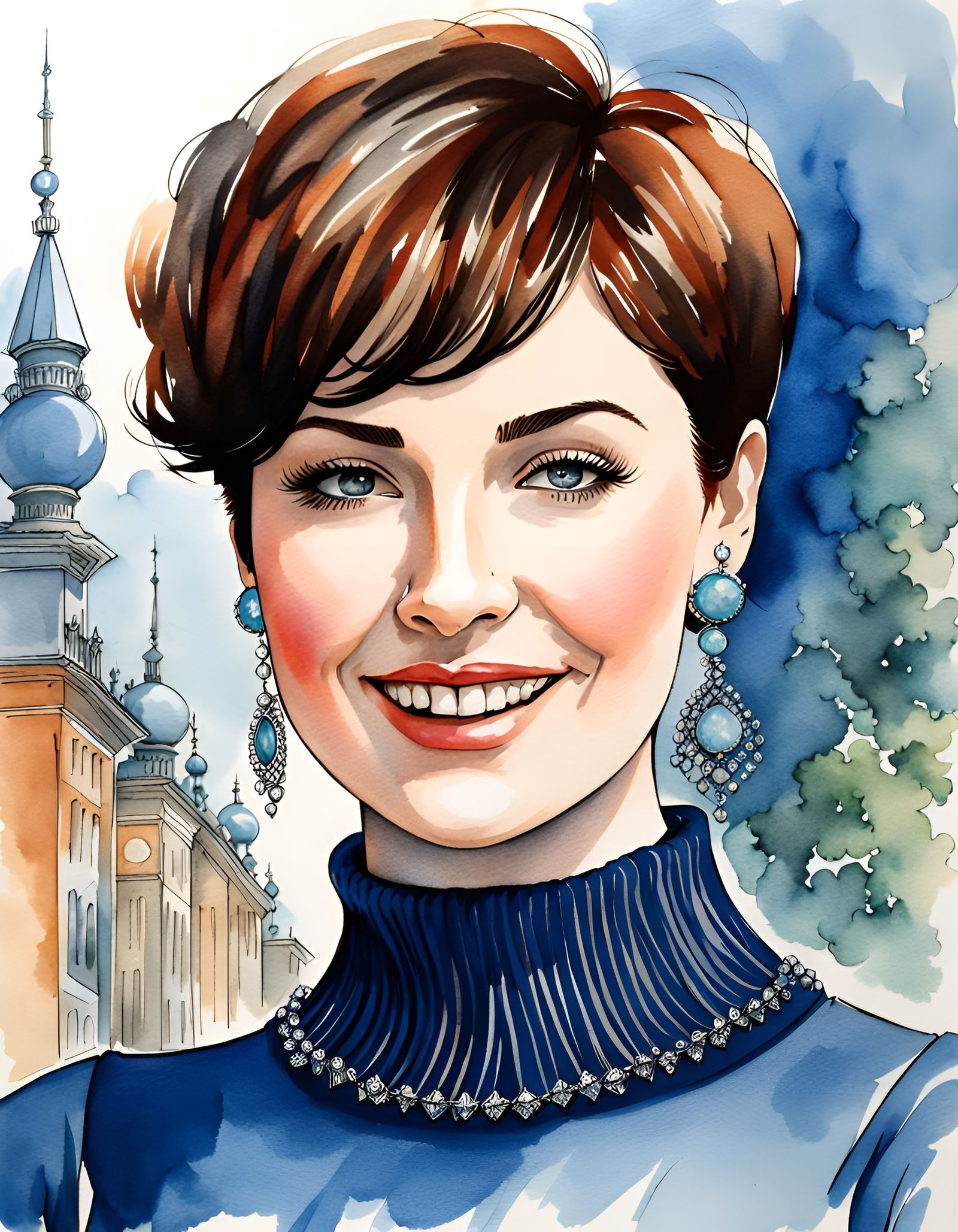 Elegant Brunette with Pixie Cut in Watercolor Style