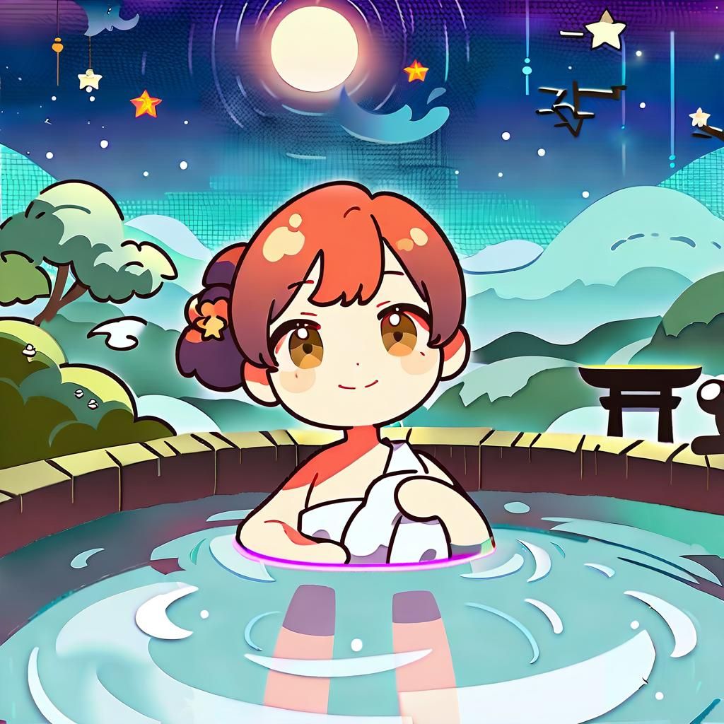 Cute Chibi Girl Relaxing at Onsen in Anime Style