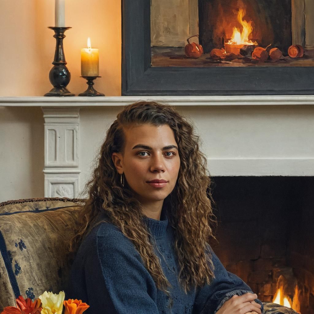 Modern Hestia by Fireplace: Oil Painting with Warm Light